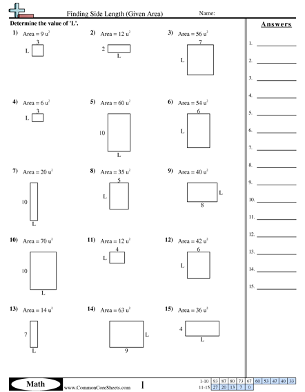 3.md.8 Worksheets - Finding Side Length (Given Area)  worksheet